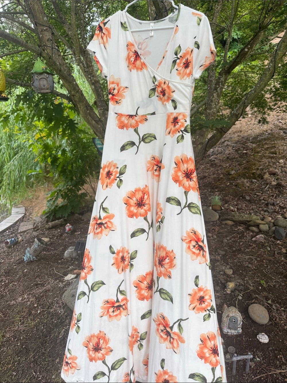 Motherhood Maternity White Maxi Dress with Orange Floral Print and Green Leaves